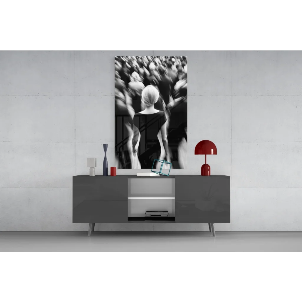 Black and white silhouette of blonde woman against blurred crowd, wall art print