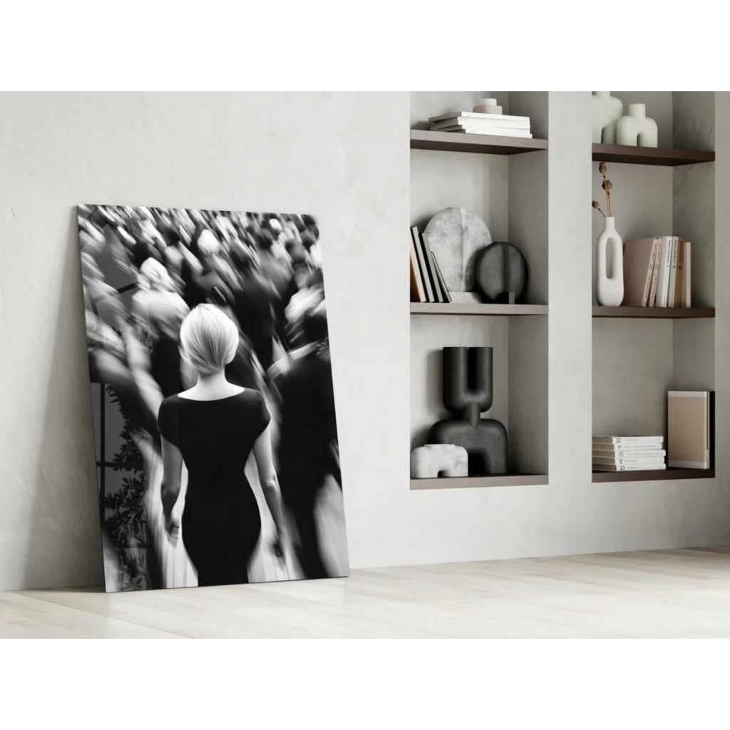 Black and white silhouette of blonde woman in dress, canvas wall art print