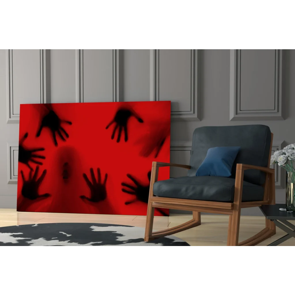 Haunting red canvas wall art with black hand silhouettes
