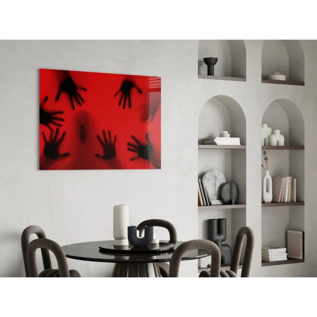 Vibrant red glass wall art canvas with bold black hand silhouettes