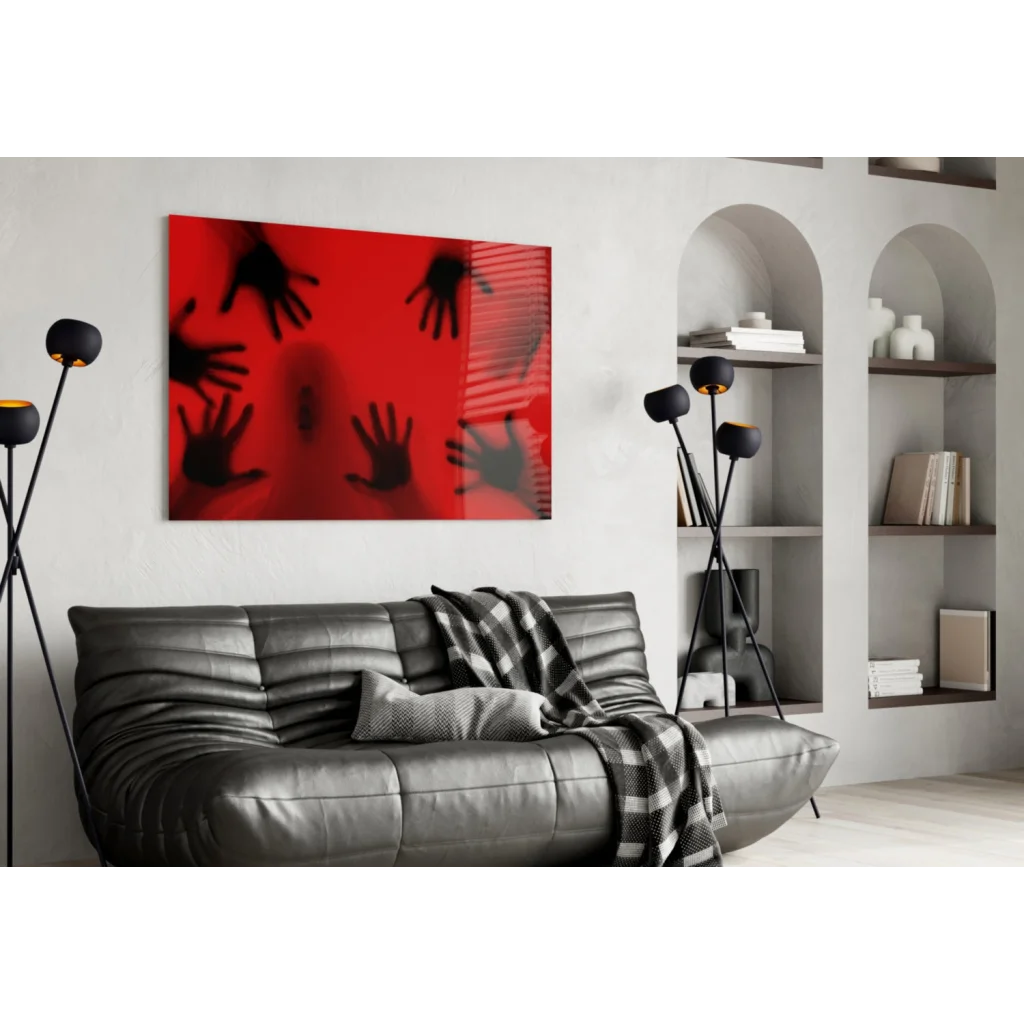 Vibrant red abstract wall art with black hand silhouettes on glossy canvas