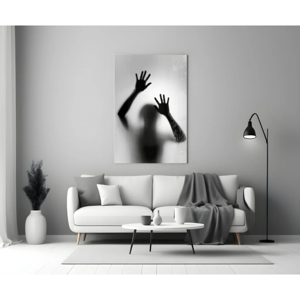 Black and white glass wall art print of hands on frosted surface