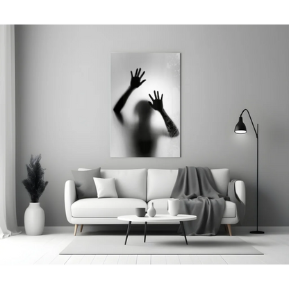 Black and white glass wall art print of hands on frosted surface