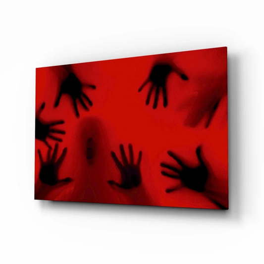 Vibrant red canvas wall art with haunting black hand silhouettes