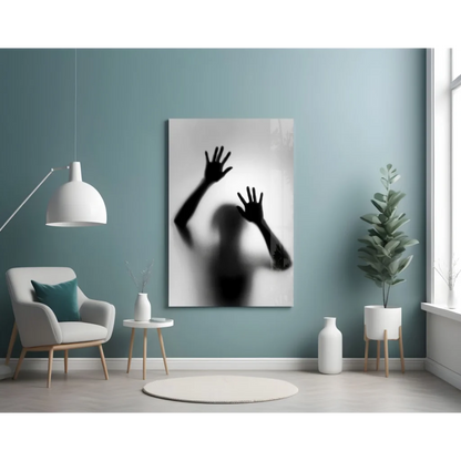 Black and white glass wall art print of hands silhouette on frosted surface