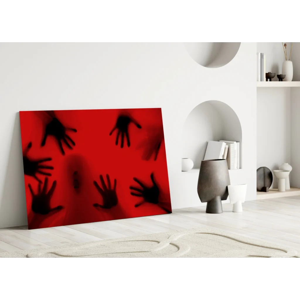 Haunting red canvas wall art with black hand silhouettes