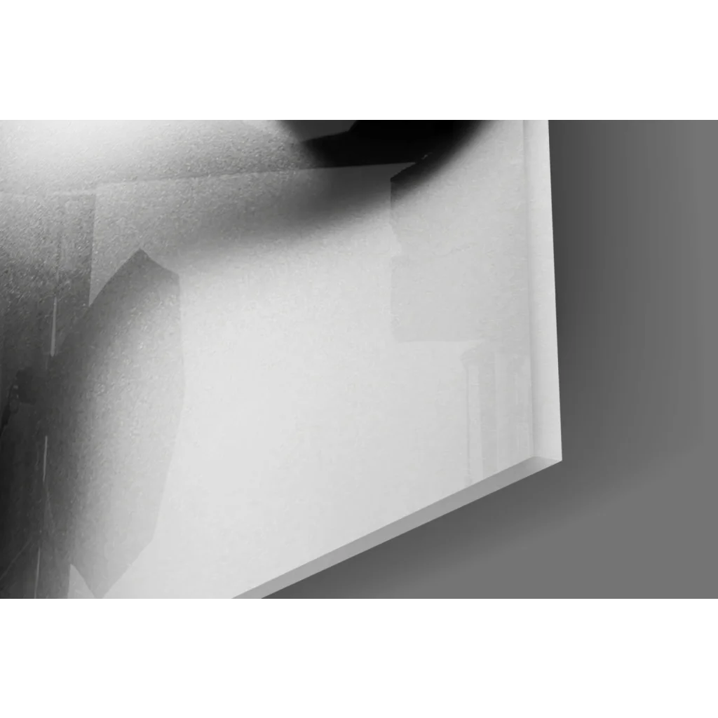 Sleek white glass wall art print with hands on frosted surface