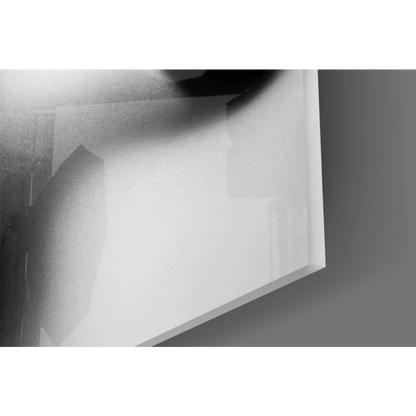 Sleek white glass wall art print with hands on frosted surface