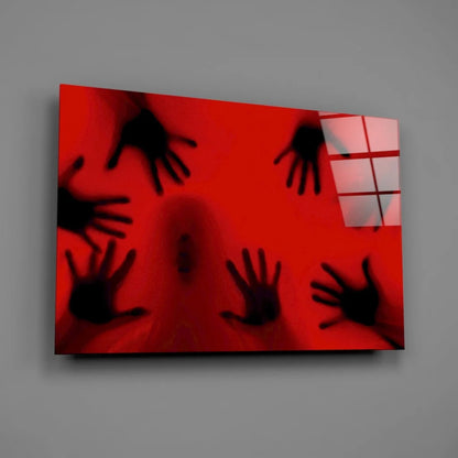 Haunting red wall art canvas with black hand silhouettes on glowing background