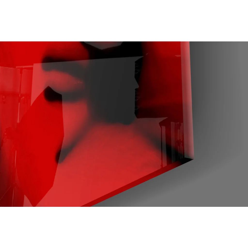 Translucent red geometric glass wall art with black hand silhouettes