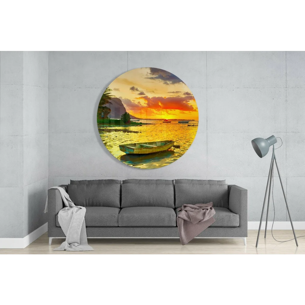 Vibrant sunset rowboat tempered glass art on wall