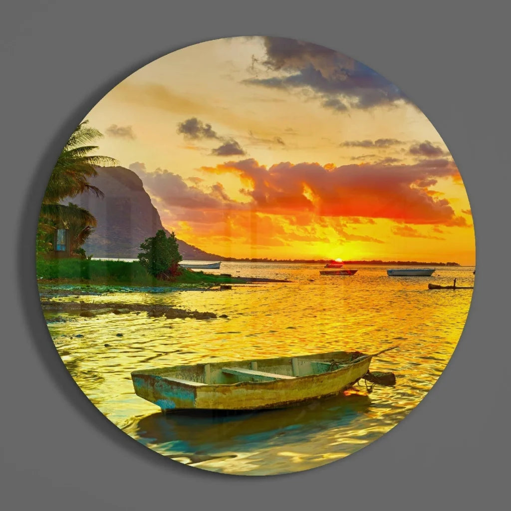 Weathered yellow rowboat in sunset water on tempered glass art