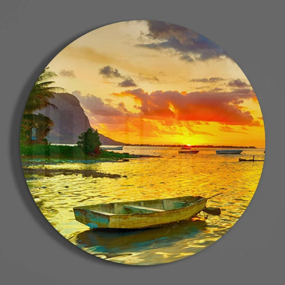 Weathered yellow rowboat in sunset water on tempered glass art