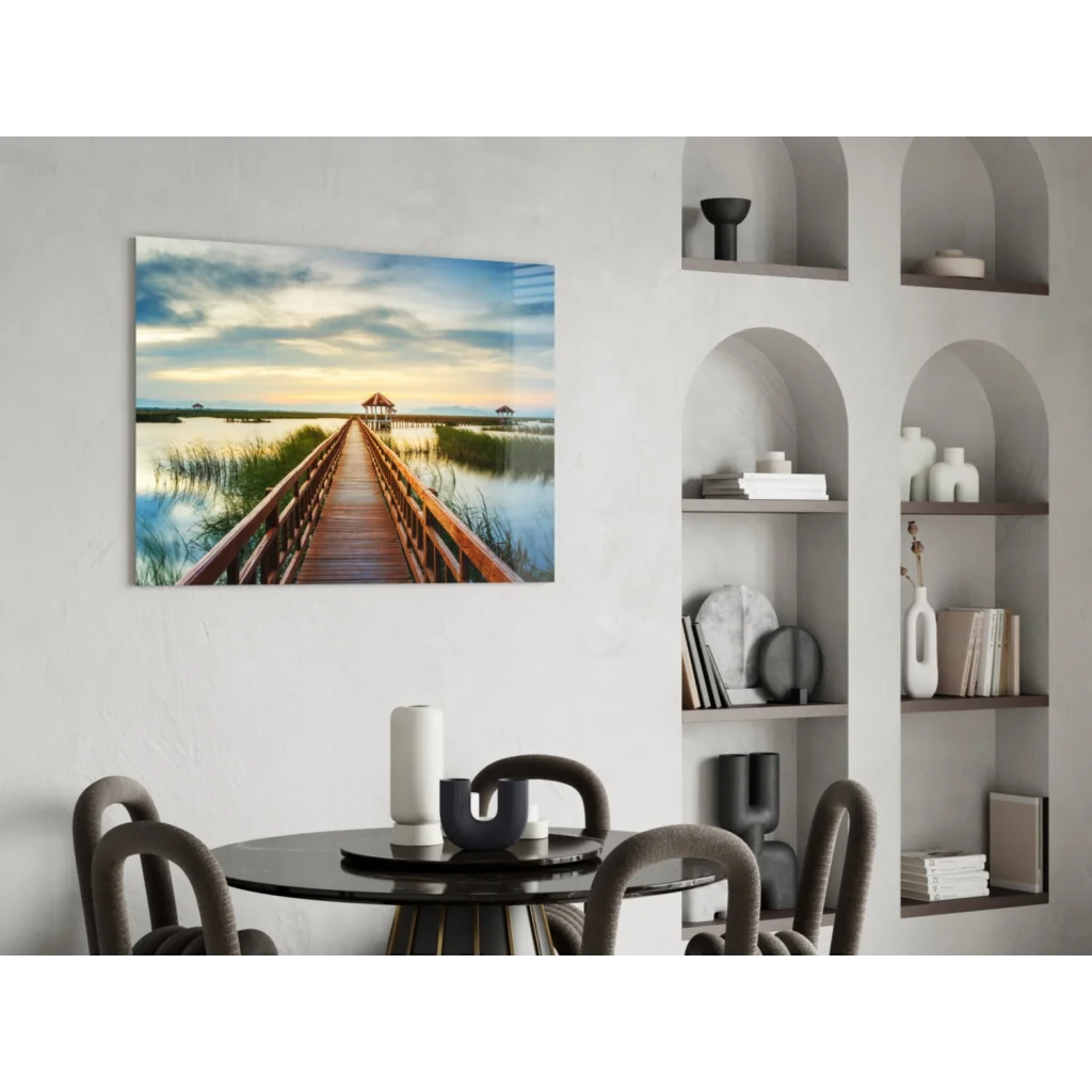 Tranquil boardwalk glass wall art over serene waters