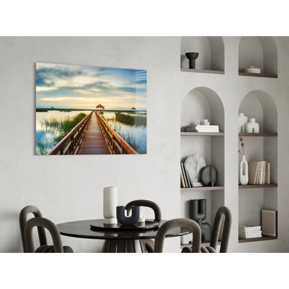 Tranquil boardwalk glass wall art over serene waters