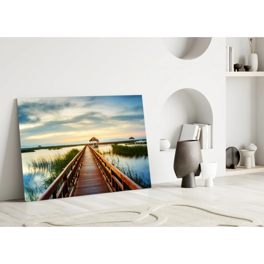 Tranquil Boardwalk Glass Wall Art Over Serene Waters | Modern Wall Art Decor | vintageantiquesgifts.com