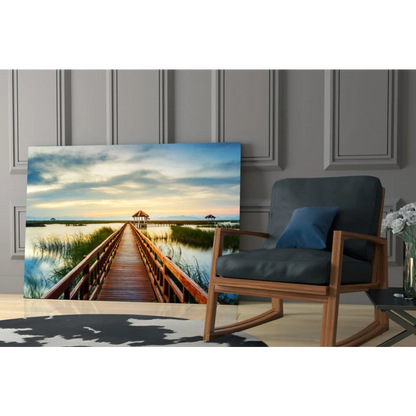 Tranquil boardwalk glass wall art over serene waters