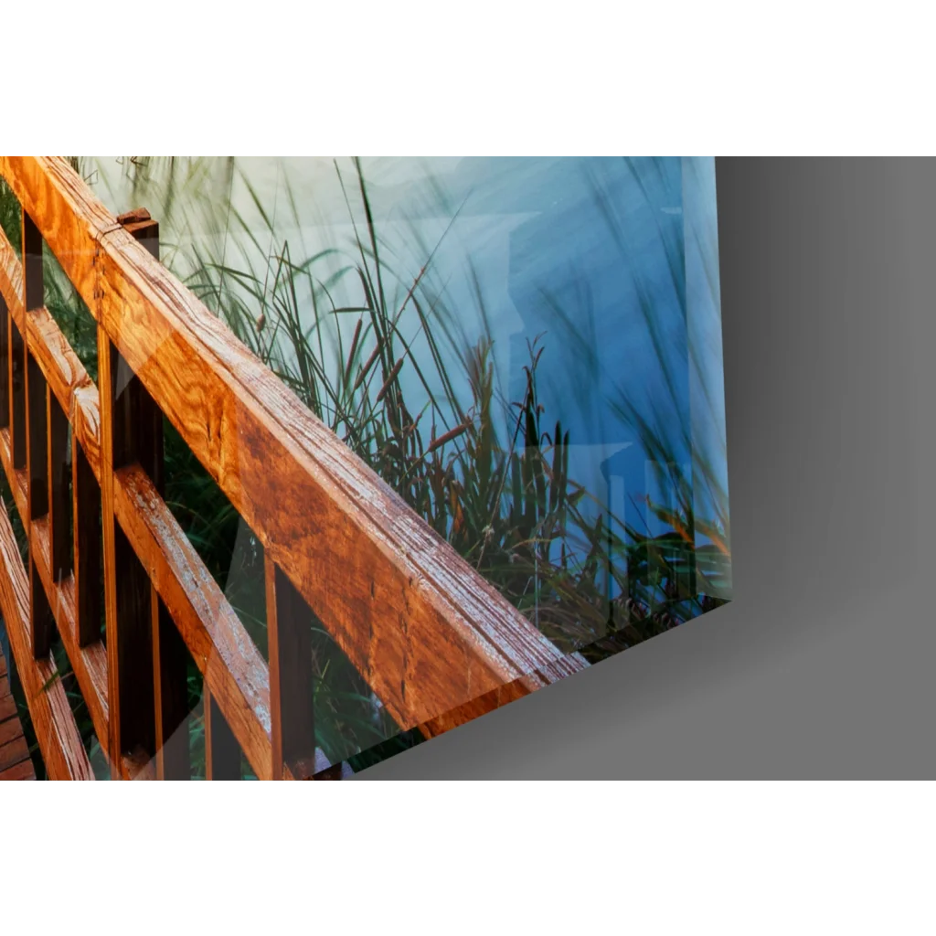 Glossy wooden bridge railing in warm brown tones on glass wall art