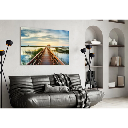 Tranquil Boardwalk Glass Wall Art Over Serene Waters | Contemporary Home Wall Art | vintageantiquesgifts.com
