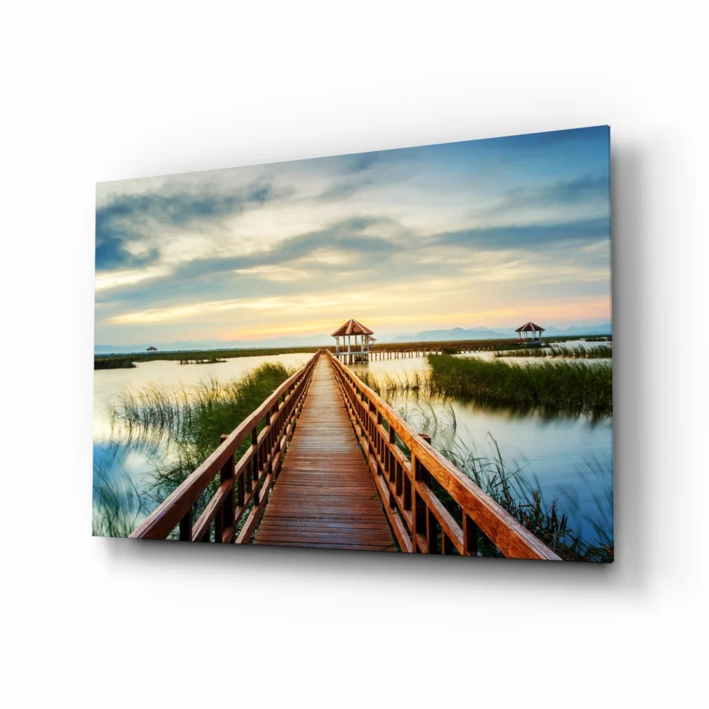 Tranquil Boardwalk Glass Wall Art Over Serene Waters | Insigneart USA | vintageantiquesgifts.com