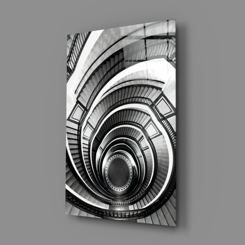 Black-and-white spiral staircase glass wall art print on sleek panel