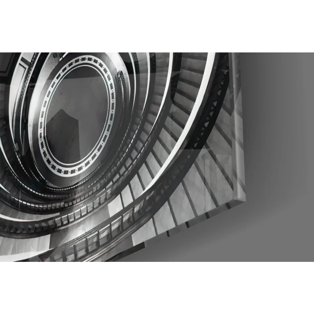 Stunning spiral staircase glass wall art in black and white