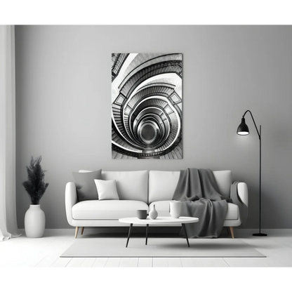 Black-and-white spiral staircase glass wall art print on gray wall above white sofa