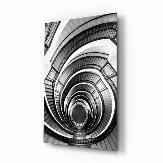 Black-and-white spiral staircase print on glass wall art canvas