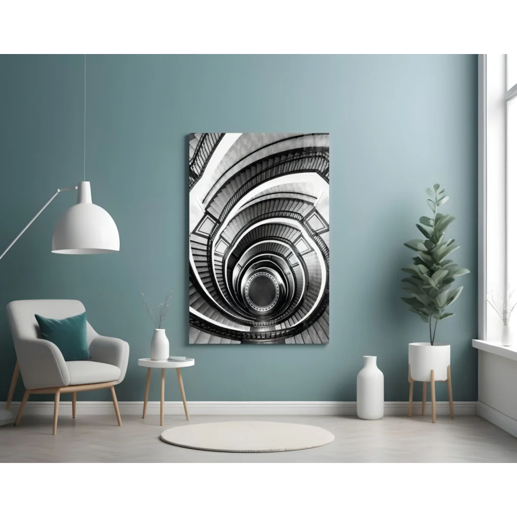 Black-and-white spiral staircase glass wall art on teal wall