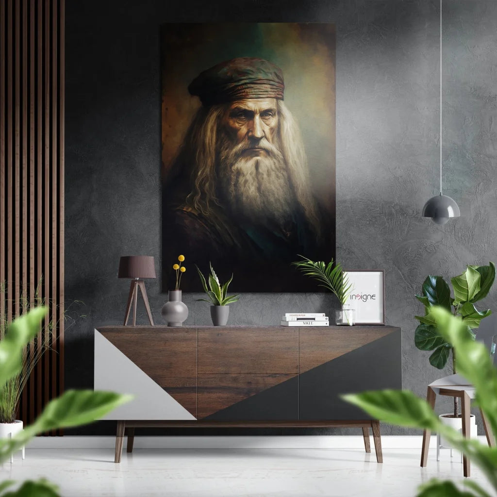 Leonardo da Vinci brushed aluminium dibond wall art print in dark frame