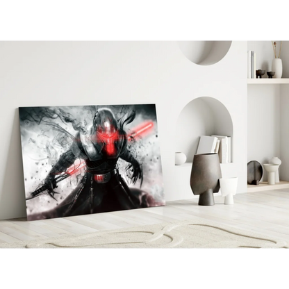 Sith lord in black red armor with glowing red lightsabers wall art canvas