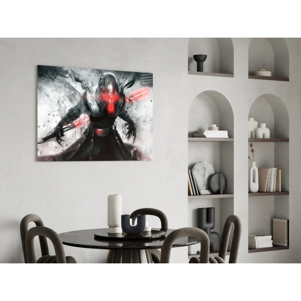 Sith Lord in black red armor wields lightsaber in battle pose on canvas wall art