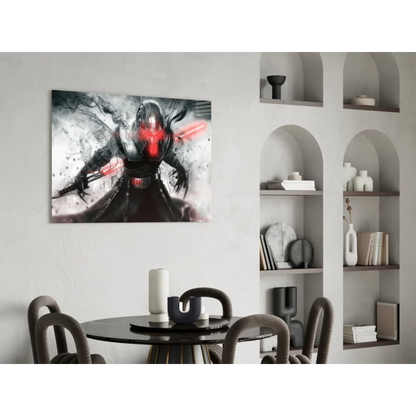 Sith Lord in black red armor wields lightsaber in battle pose on canvas wall art