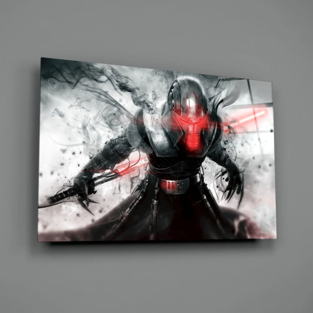 Black and red armored Sith lord with glowing red lightsaber wall art canvas print