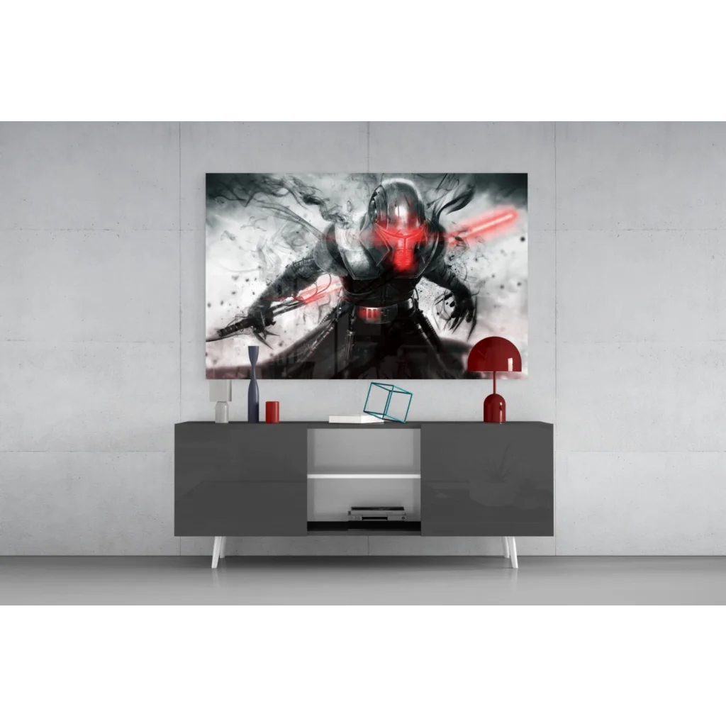Dynamic black and red Sith Lord with red lightsaber in action pose on canvas wall art