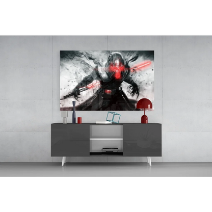 Dynamic black and red Sith Lord with red lightsaber in action pose on canvas wall art