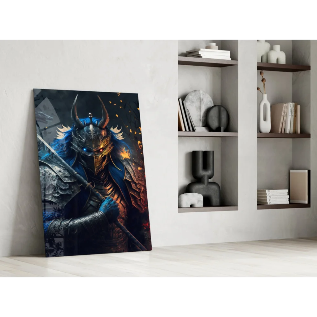 Epic blue and gold samurai glass wall art with fiery backdrop on white wall