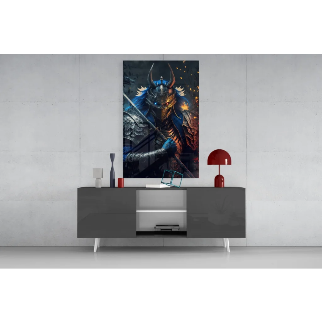 Epic Samurai Warrior glass wall art with fiery backdrop