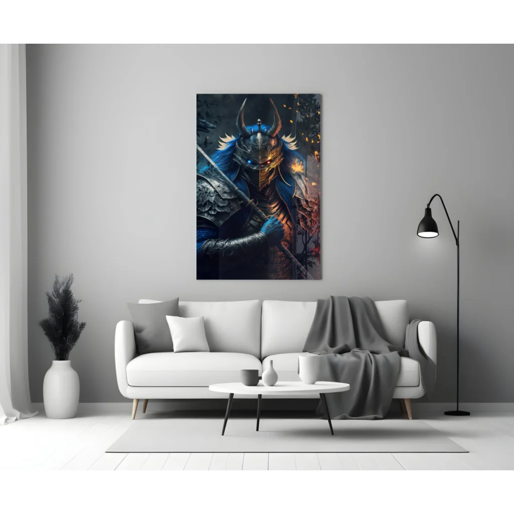 Epic Samurai Warrior Glass Wall Art with Fiery Battle Scene | Modern Wall Art Decor | vintageantiquesgifts.com