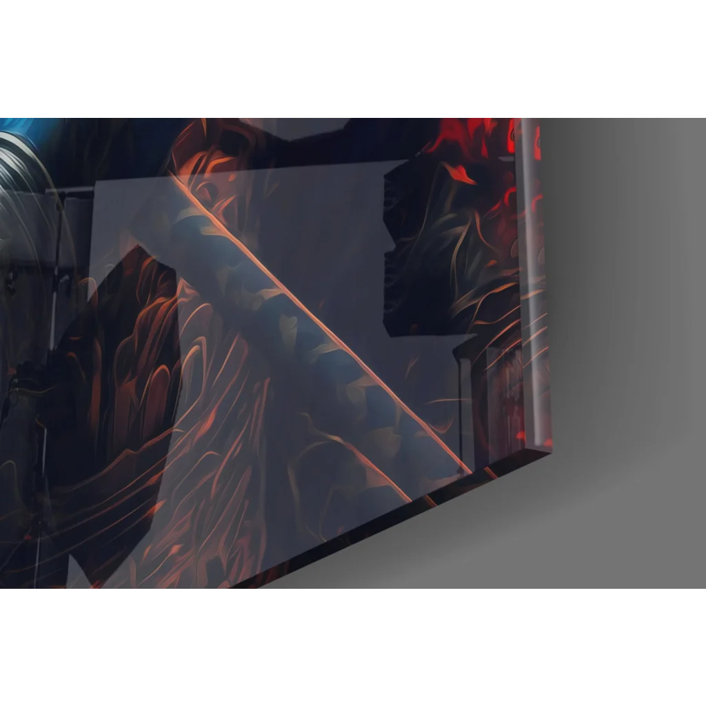 Epic Samurai Warrior glass wall art with fiery flames backdrop