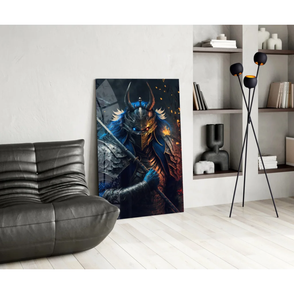 Epic Samurai warrior glass wall art with fiery backdrop and glowing accents