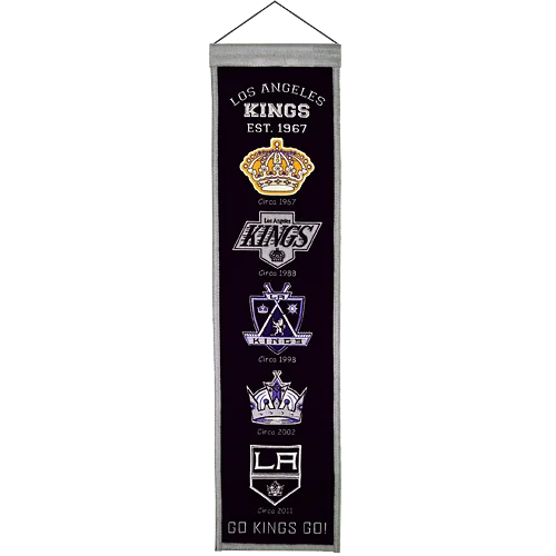Purple Los Angeles Kings heritage banner with silver accents and logos