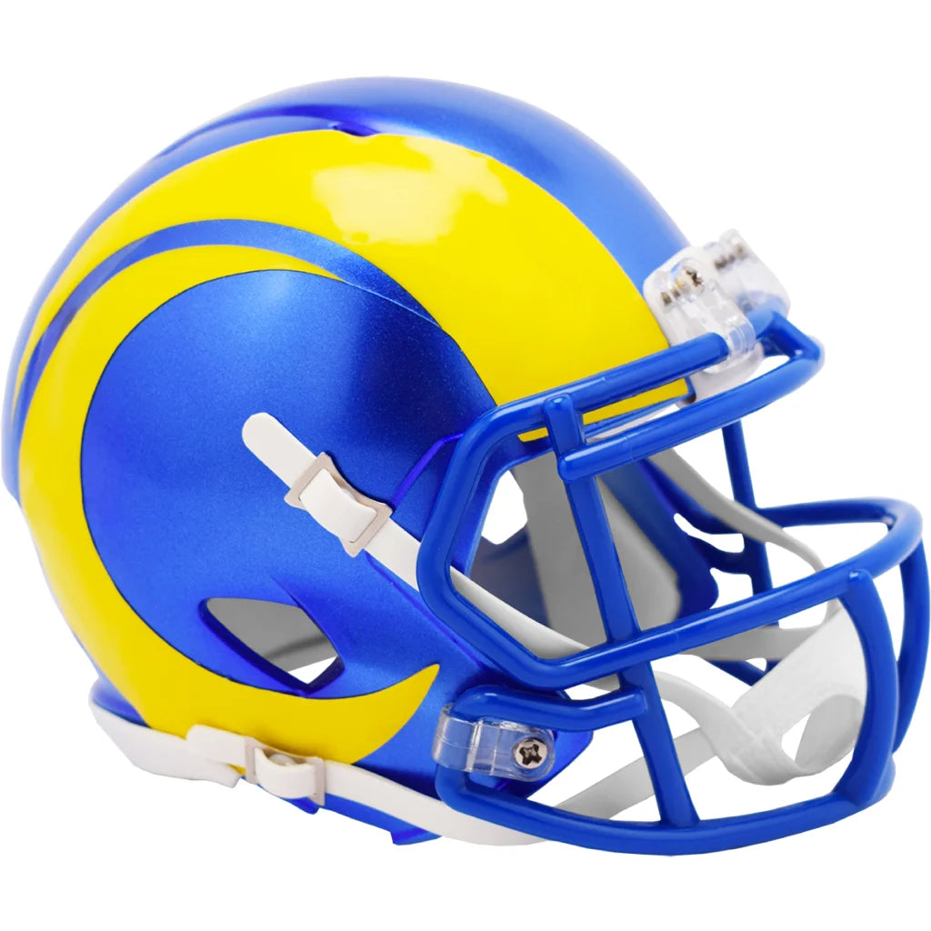 Los Angeles Rams Riddell Speed Mini Football Helmet in blue and yellow with chrome accents