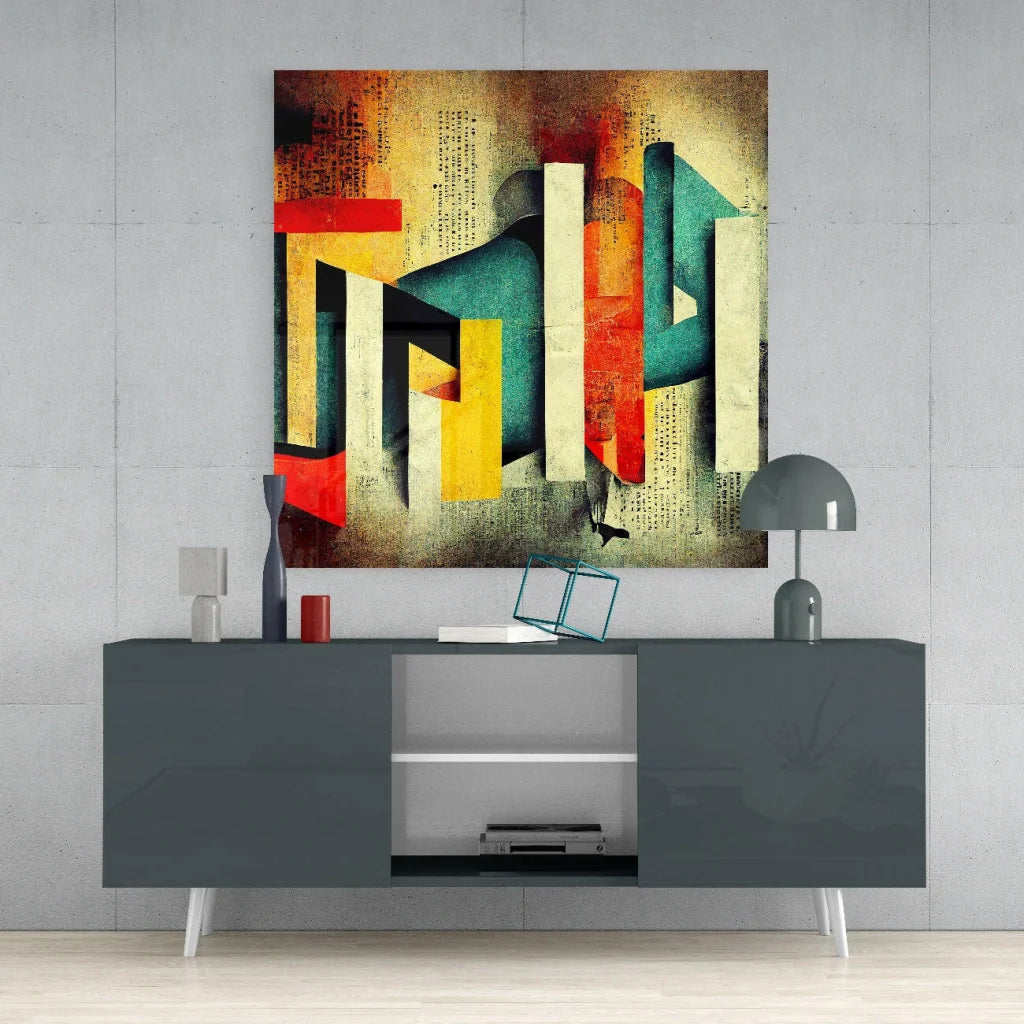 Vintage abstract geometric canvas wall art with bold red, teal, yellow, black shapes on textured beige background