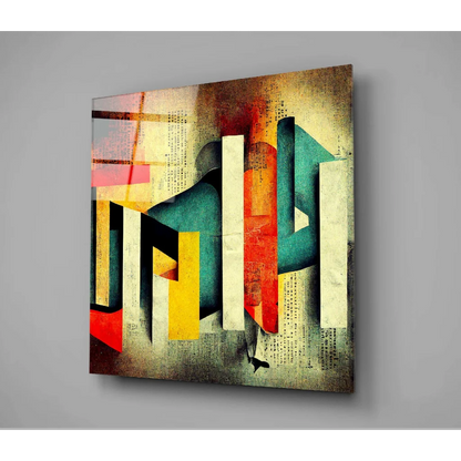 Vintage abstract geometric canvas wall art with bold red teal yellow cream shapes