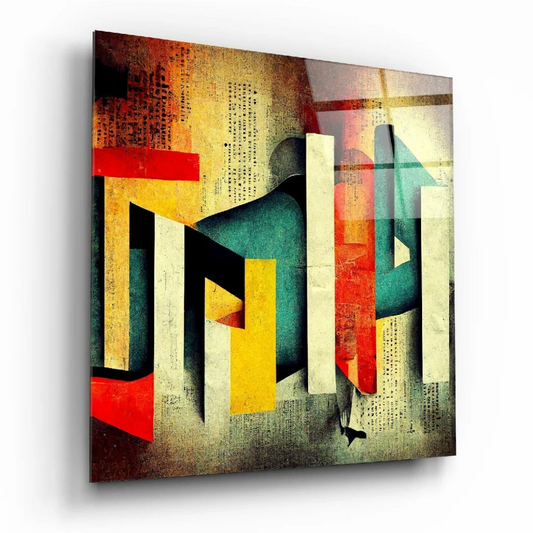 Vintage abstract geometric wall art canvas with bold red yellow teal cream shapes