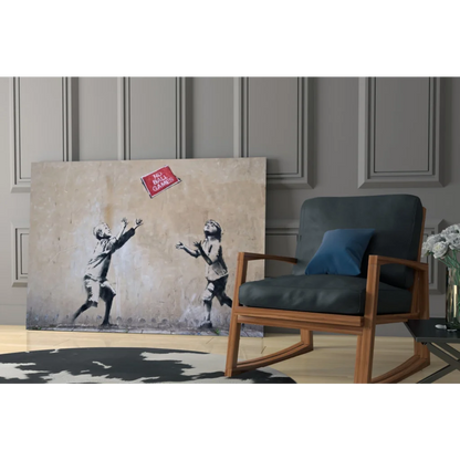 Banksy No Ball Games canvas wall art print of kids chasing red ticket