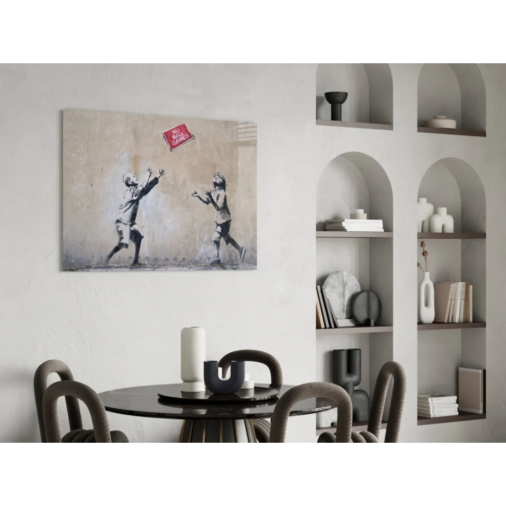 Banksy No Ball Games canvas wall art print with kids and red sticker