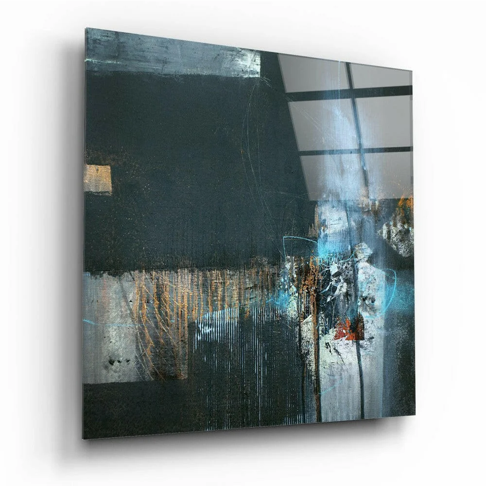 Bold black white blue textured abstract canvas wall art with metallic accents
