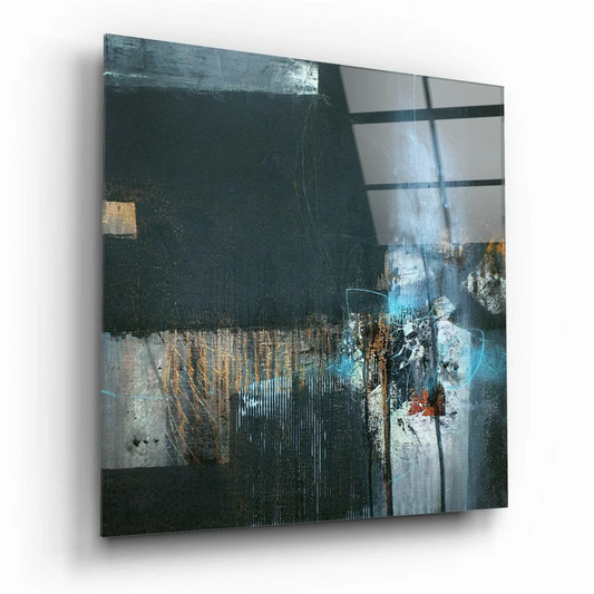 Bold black white blue textured abstract canvas wall art with metallic accents